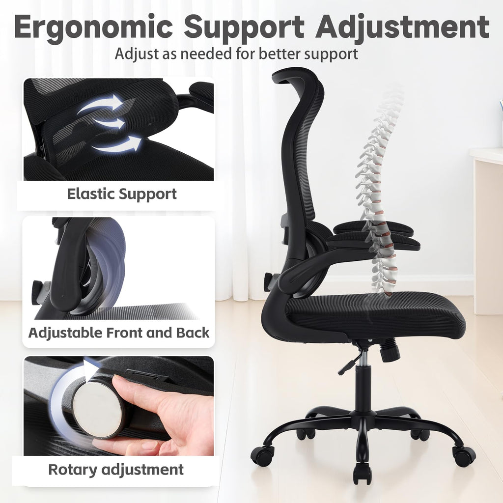 Ergonomic Office Chair with Adjustable Lumbar Support, Mesh Back, Flip-Up Arms, Rocking Mode with Tension Control, 300 lbs Weight Capacity, Black and White (Black)