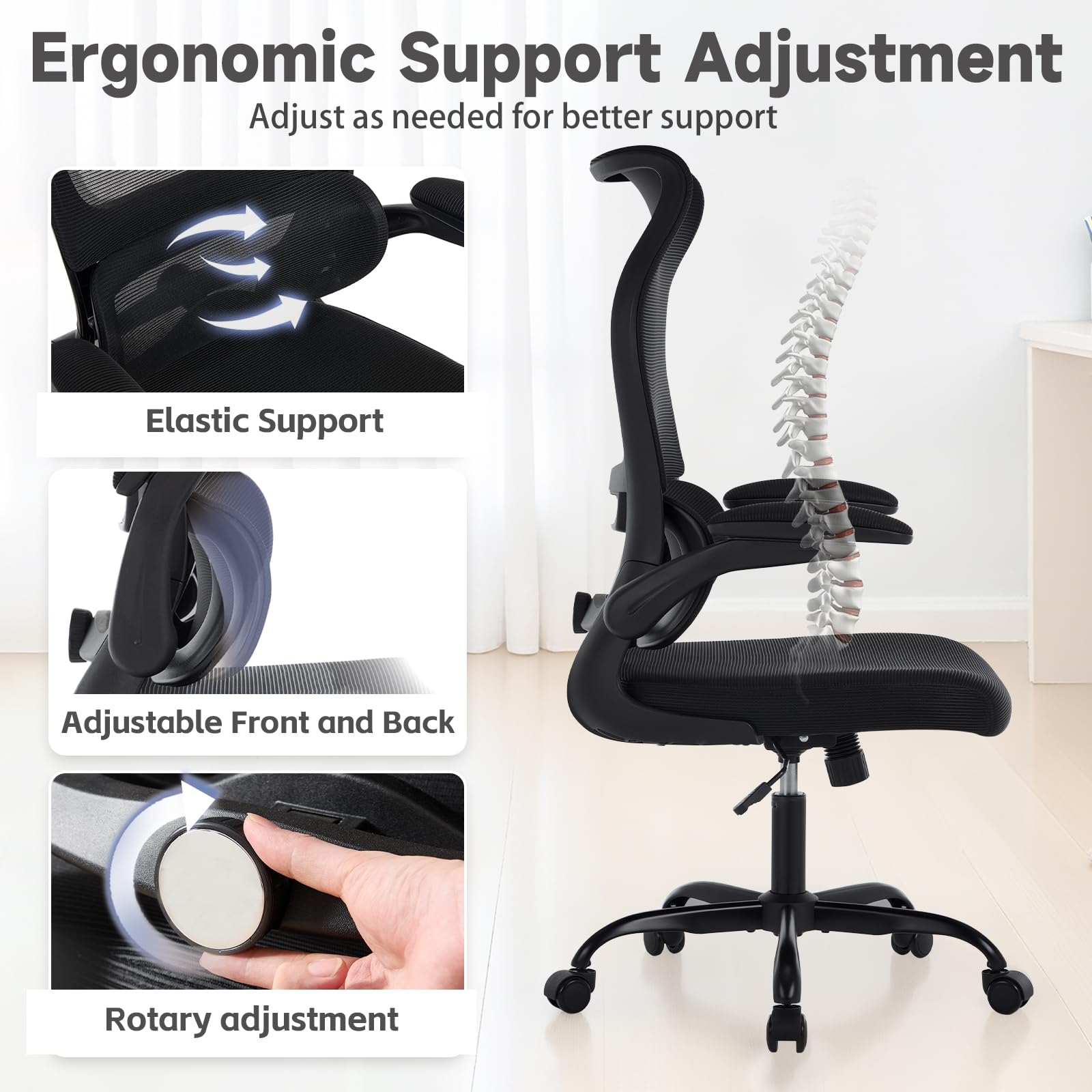 Ergonomic Office Chair with Adjustable Lumbar Support, Mesh Back, Flip-Up Arms, Rocking Mode with Tension Control, 300 lbs Weight Capacity, Black and White (Black)