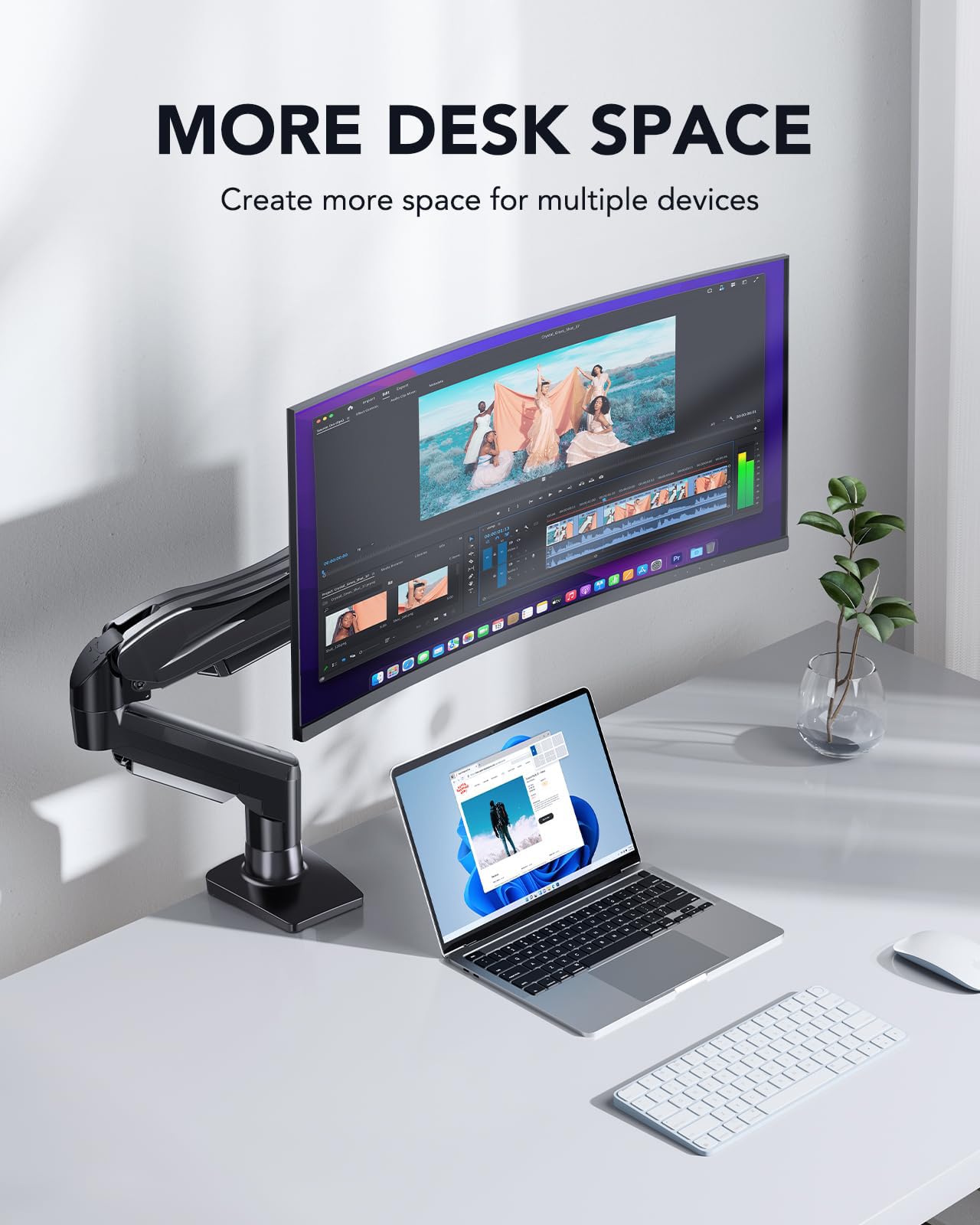 FlowLift™ Single Monitor Mount, 13 to 32 Inch Monitor Arm, Adjustable Monitor Stand, Vesa Mount with Clamp and Grommet Base - Fits 4.4 to 19.8lbs LCD Computer Monitors