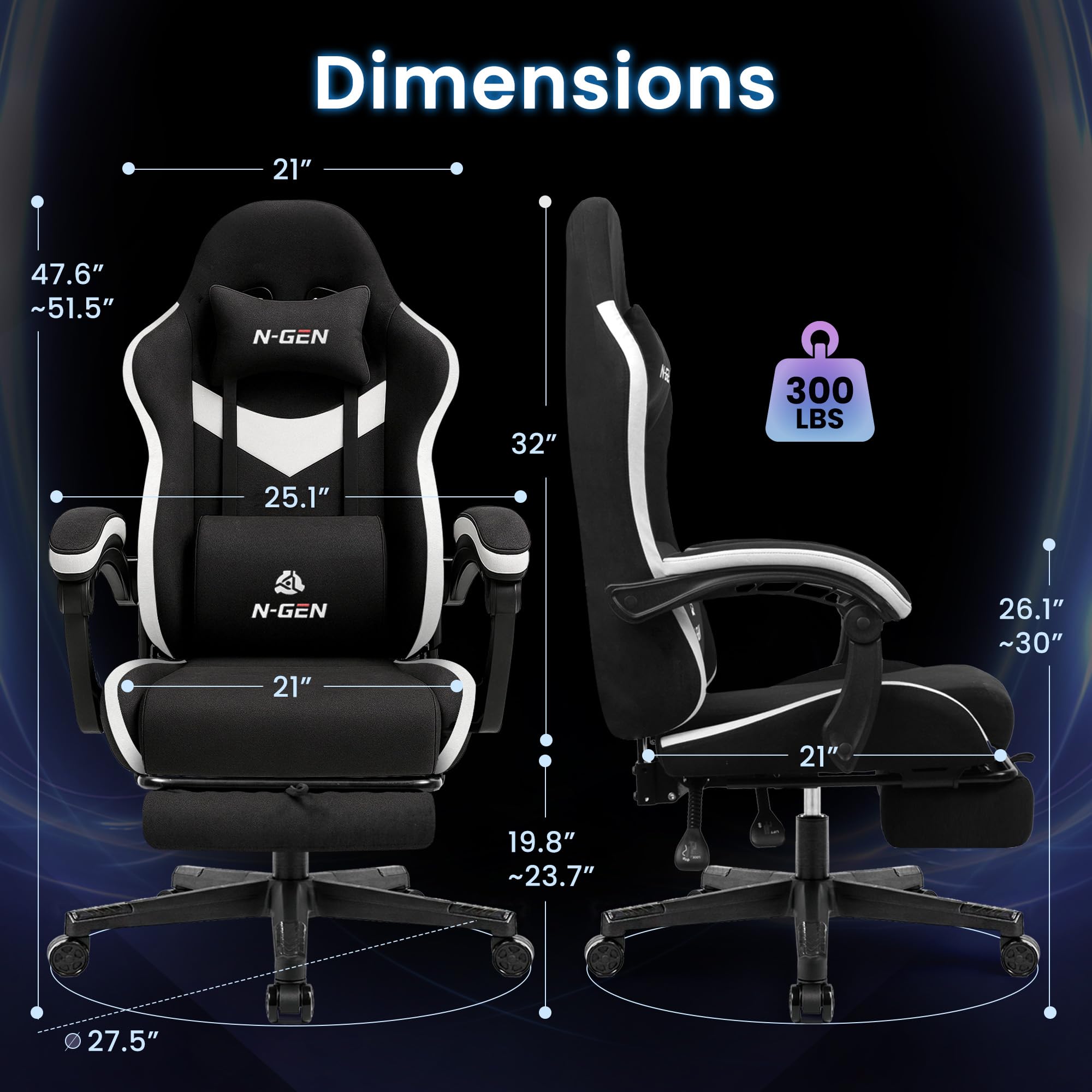 Video Gaming Chair with Footrest Lumbar Support for Home Office High Back Recliner Height Adjustable Ergonomic Comfy Fabric Computer Desk Chair (Black)