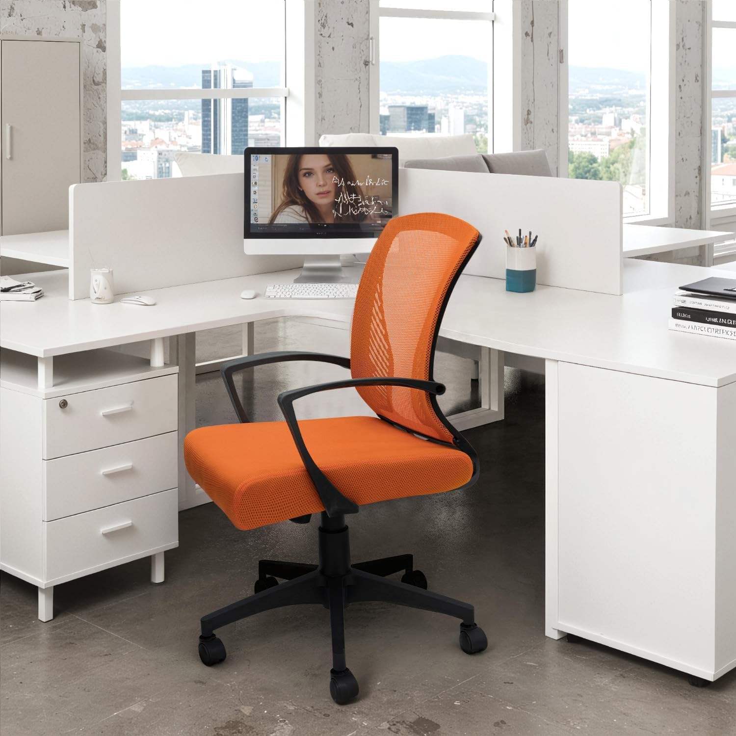 Office Chair Ergonomic Computer Desk Mesh Chair Mid Back Swivel Lumbar Support with Armrest (2, Orange)