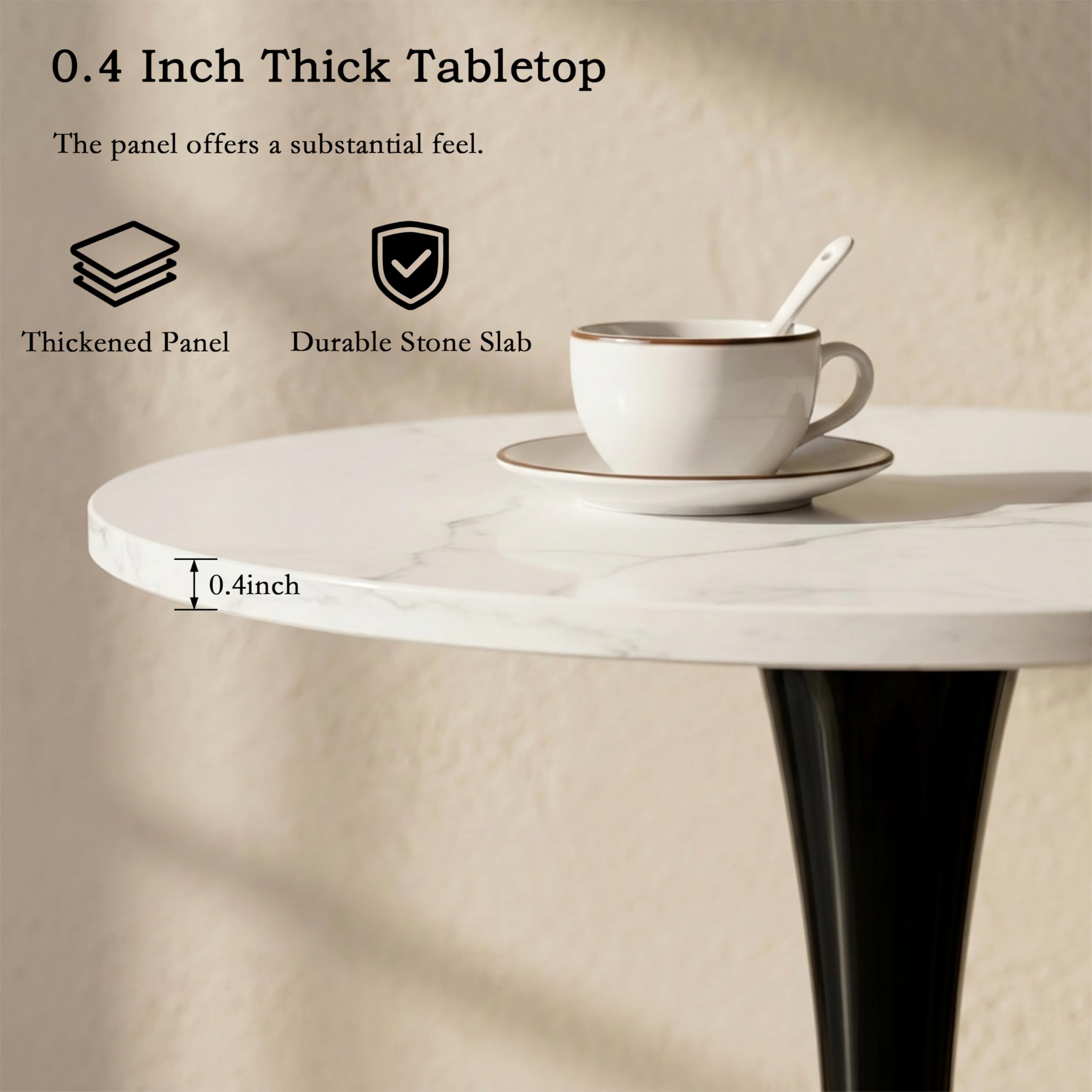 27.6" Marble Round Tulip Table, Mid-Century Modern Style Dining Table with Black Pedestal Base for 2-4 People, Featuring A Marble Tabletop for Kitchen, Dining Room, Cafe (White)