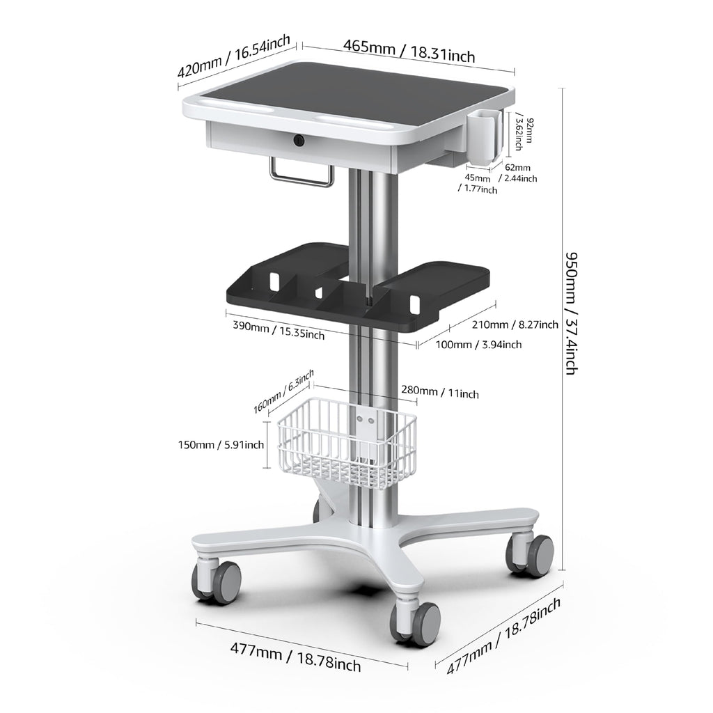 Medical Trolley Cart with Laptop Tray, Mobile Dental Clinic Workstation with Oral Scanner Holder for Hospitals Beauty Salon and Labs