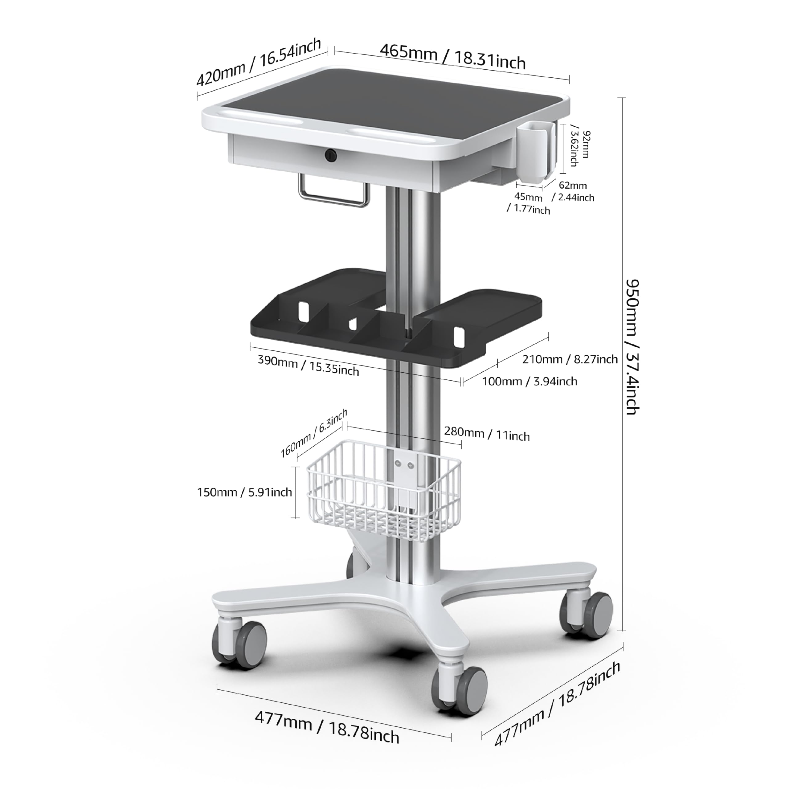 Medical Trolley Cart with Laptop Tray, Mobile Dental Clinic Workstation with Oral Scanner Holder for Hospitals Beauty Salon and Labs