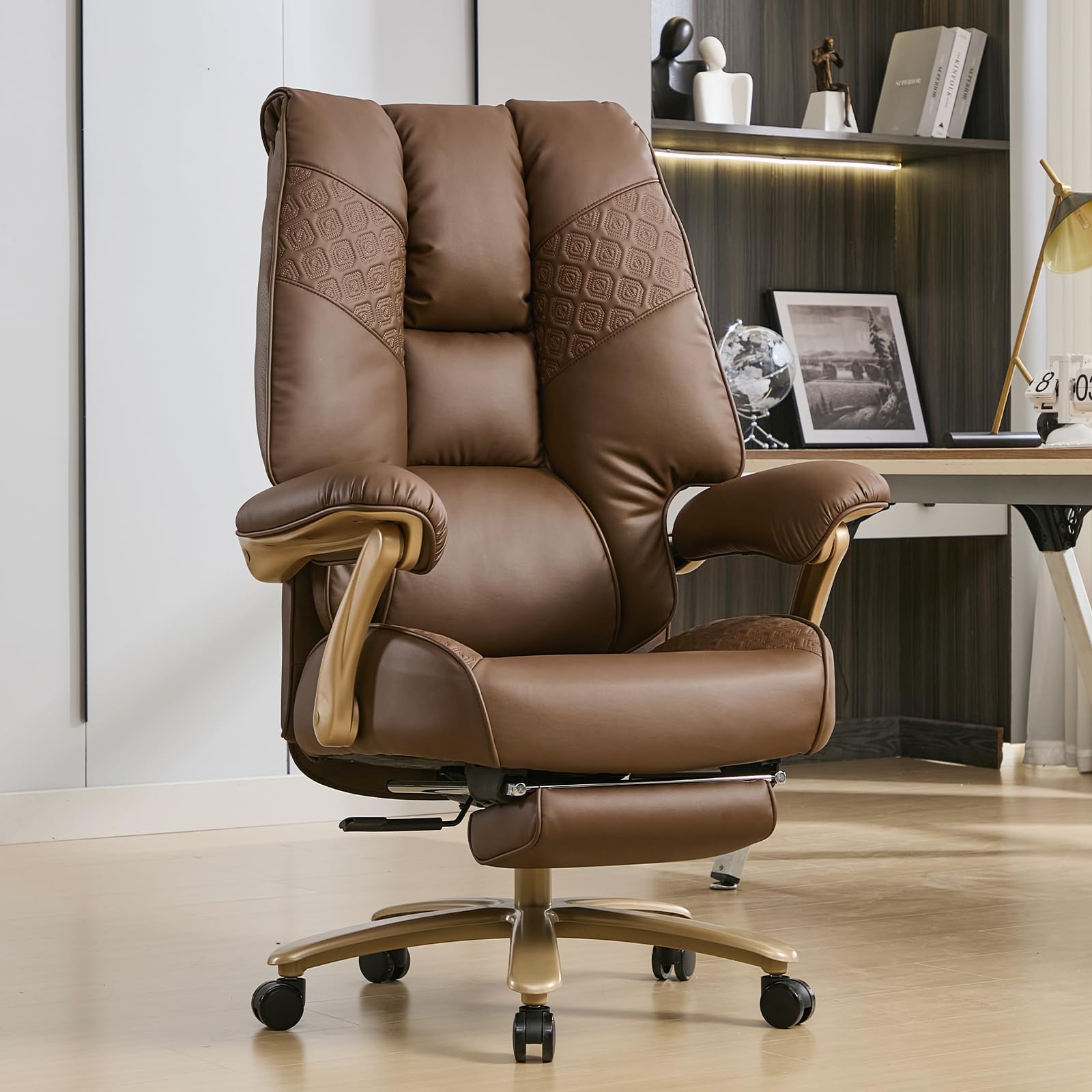 Big and Tall Executive Office Chair with Footrest, 400LBS Capacity Ergonomic High-Back Desk Office Chair with Lumbar Support, Padded Armrests & Thick Cushion, Brown PU Leather Chairs