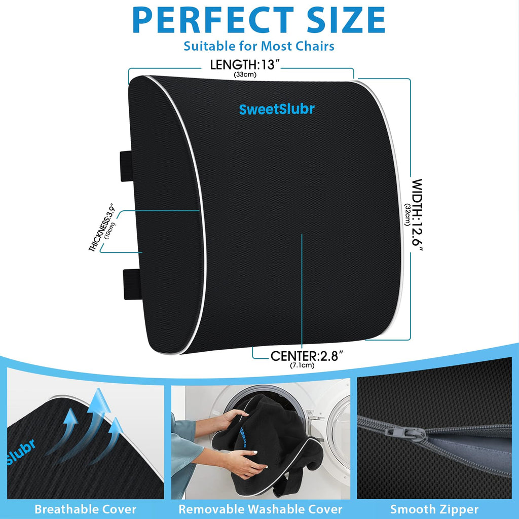 Lumbar Support Pillow for Office Chair, Car & Gaming Chair, Ergonomic Memory Foam Cushion for Back Comfort, Zoned Back Support, Double Adjustable Straps, Breathable Washable Cover, Black