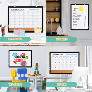 Monthly Calendar Whiteboard for Wall, 17x13 Inches Dry Erase Board with Cork Board Combo, Small Magnetic White Board, Double-Sided Hanging Portable Board for Office School Home Kitchen Planner, Black