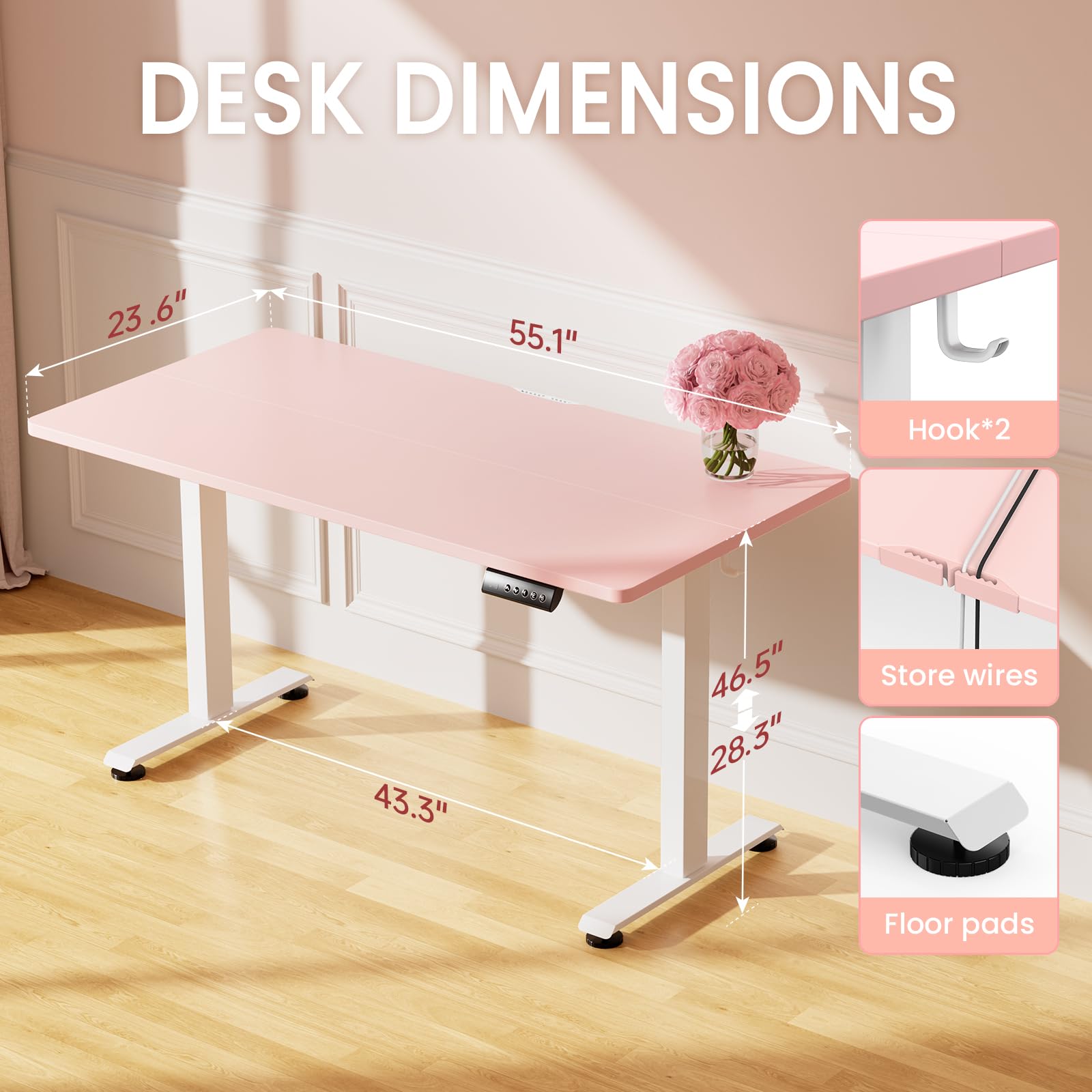 55 Inch Large Electric Standing Desk, 4 Memory Heights Adjustable,Sit to Stand Up, Work Home Office Computer Table for Study, Walking Pad, Writing, and Games, Wooden Desktop Desks, Pink