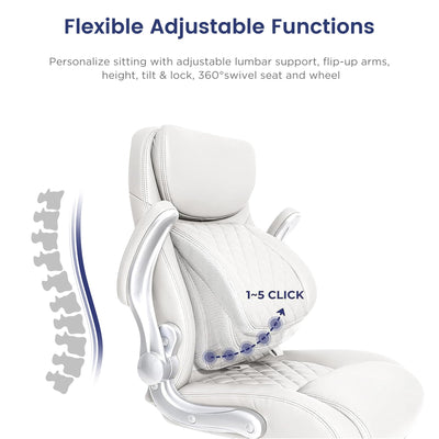 Ergonomic Office Chair Premium Leather Adjustable Lumbar Support & Armrests, High Back Comfy Desk Gaming Chairs Executive Computer Swivel Chair Tilt Function(Posture,White)