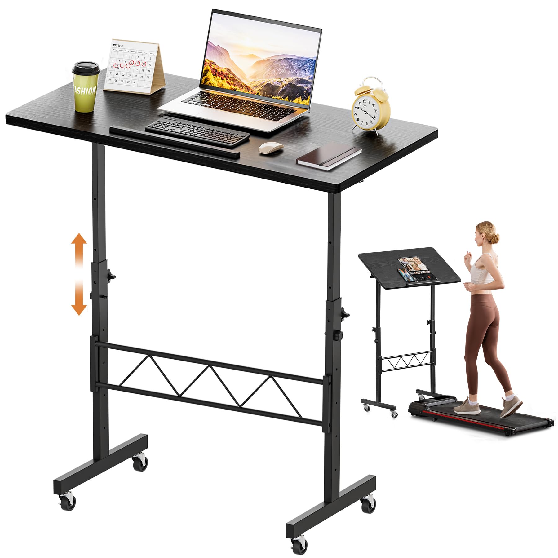 Standing Desk Adjustable Height & Tiltable Tabletop, Portable Stand Up Desk for Laptop, Mobile Folding Desk for Home Office Work and Walking Pad Treadmill, Height 30.7