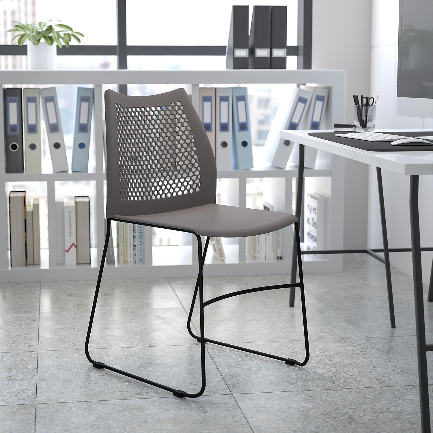 HERCULES Series 661 lb. Capacity Gray Stack Chair with Air-Vent Back and Black Powder Coated Sled Base