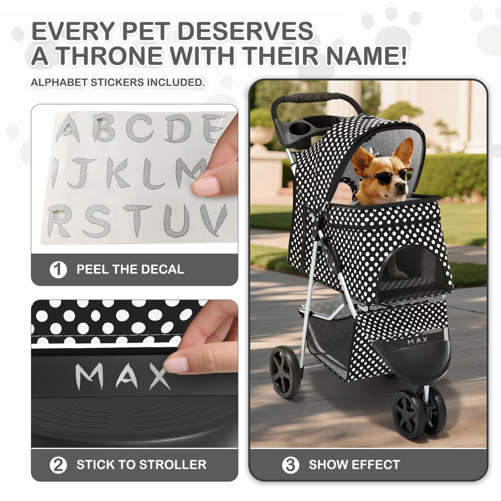 3 Wheels Pet Dog Cat Stroller for Small Medium Dogs Cats, Foldable Jogger Stroller w/Storage Basket and Cup Holder, Black Polka Dots