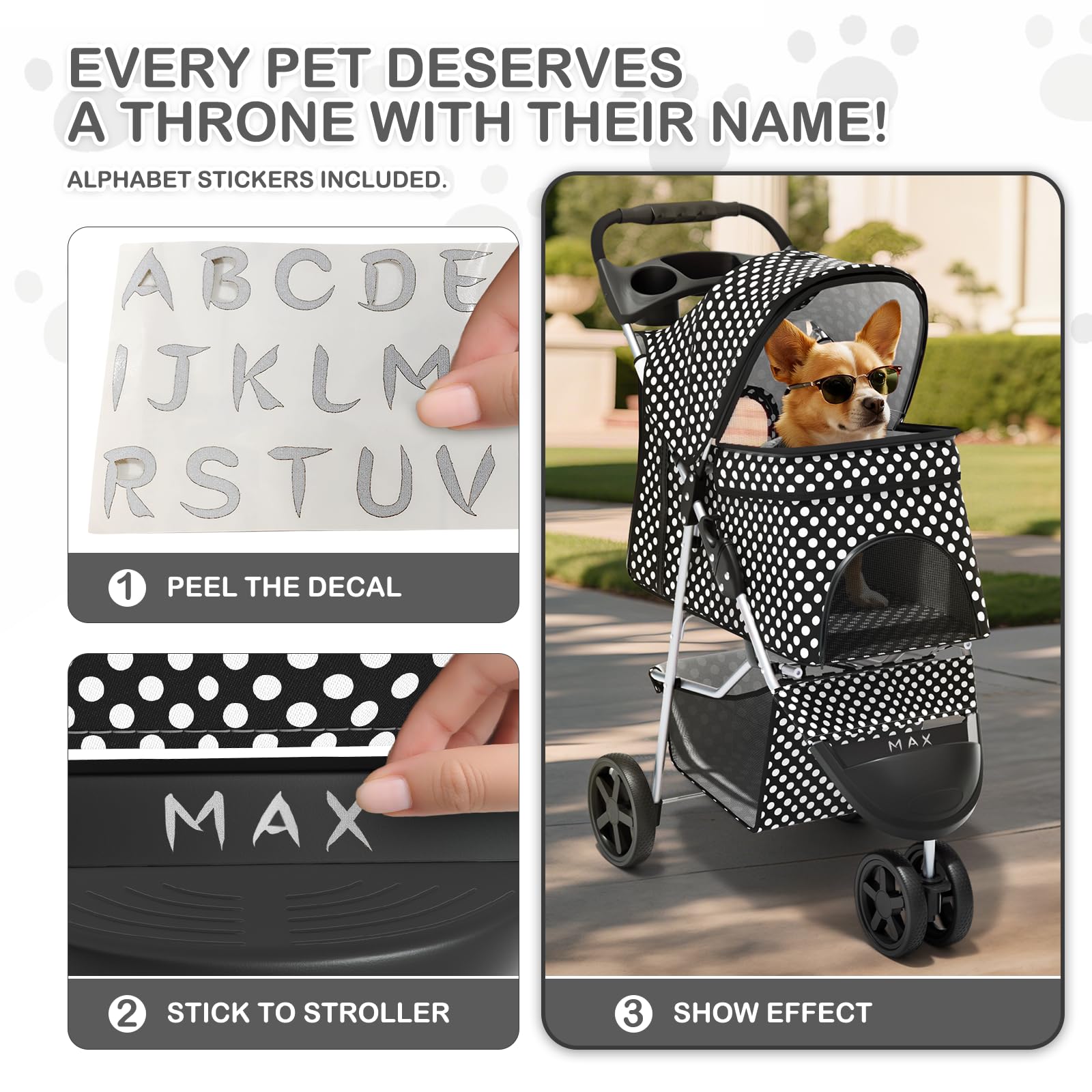 3 Wheels Pet Dog Cat Stroller for Small Medium Dogs Cats, Foldable Jogger Stroller w/Storage Basket and Cup Holder, Black Polka Dots