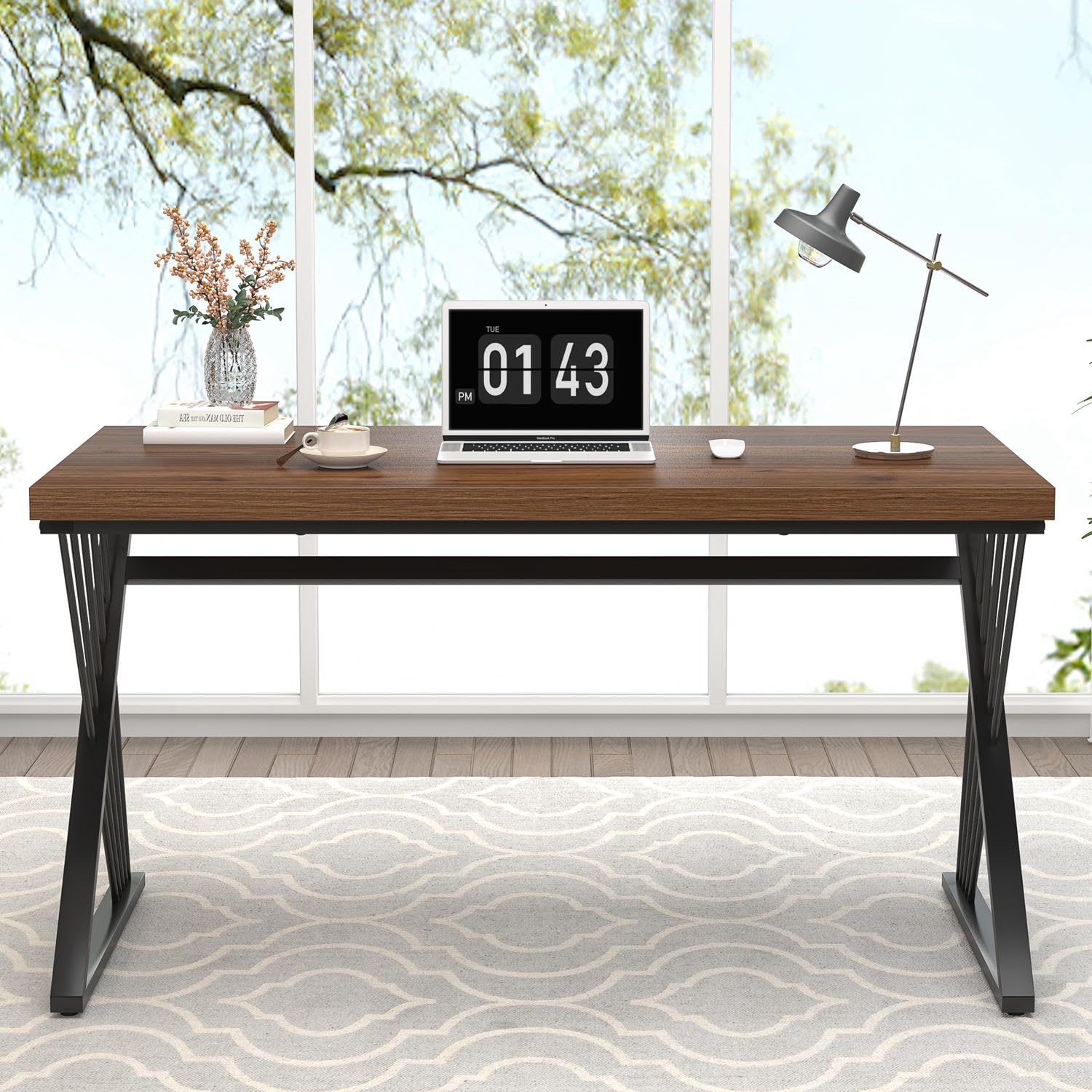 Computer Desk for Home Office Workstation, Modern Writing Study Work Table, PC Gaming Table for Bedroom Living Room, Rustic Walnut, 53 Inch