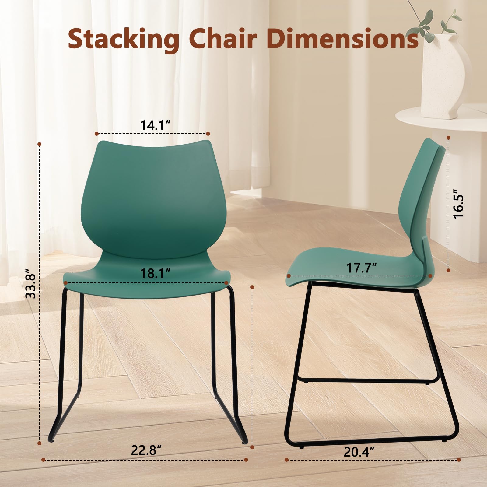 Set of 4, Green, Stackable Waiting Room Chair, Stacking Office Chair with Ergonomic Lumbar Support and Metal Legs, Plastic Desk Chairs for Conference School Church Guest Reception