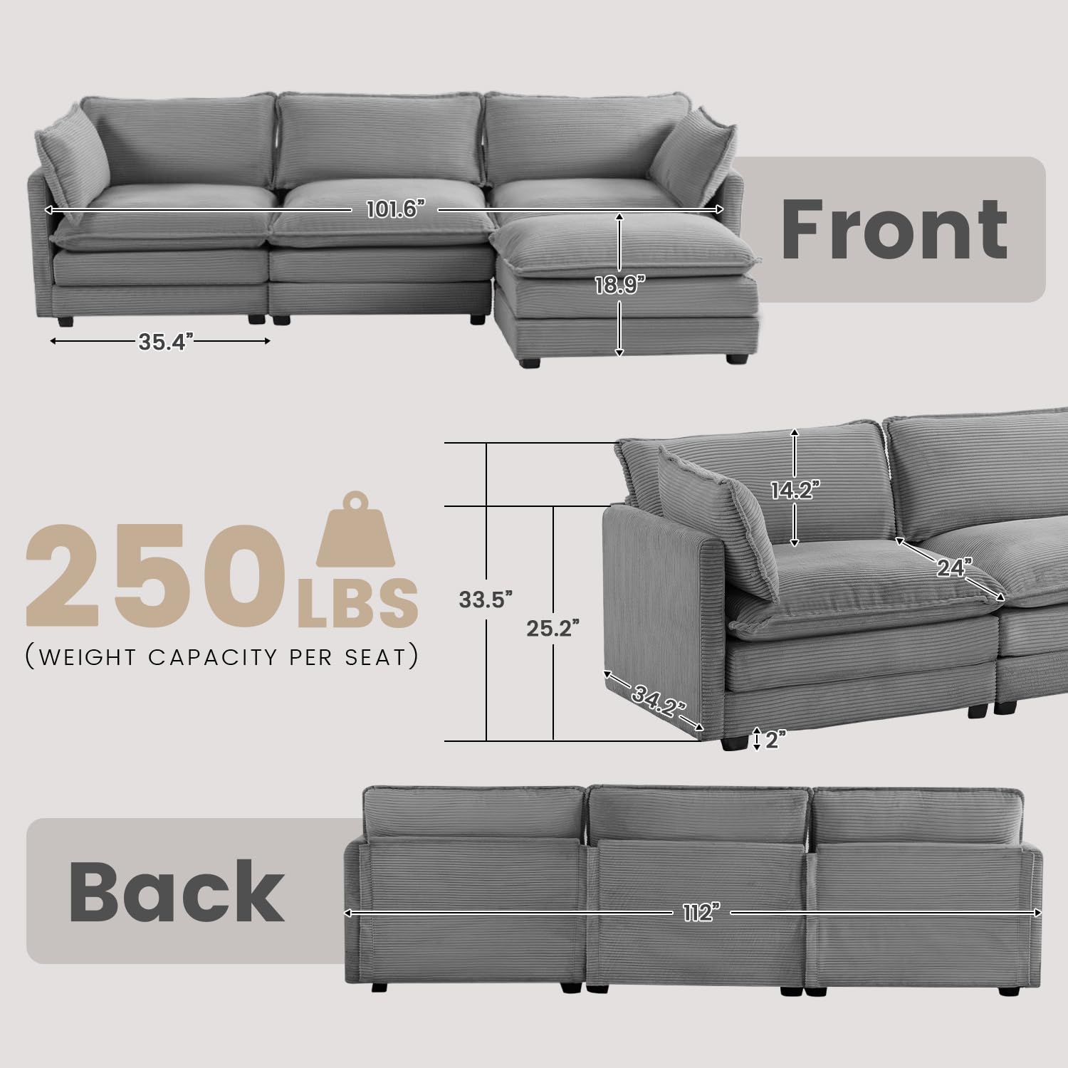112'' Modular Sectional Cloud Couch with Movable Ottoman, 4 Seat Modern Corduroy Sofa with 2 Throw Pillows, Comfy Deep Seat L Shaped Couches for Living Room Bedroom Apartment, Dark Grey