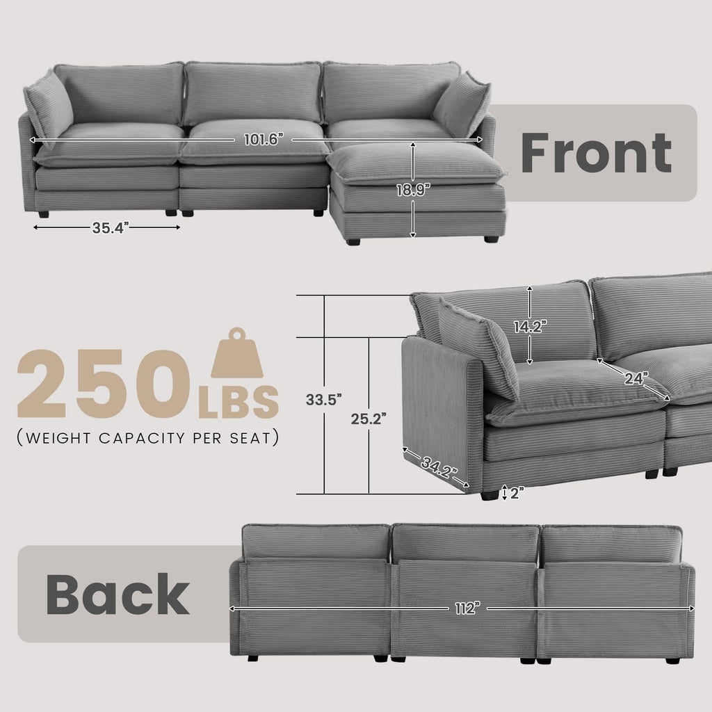 112'' Modular Sectional Cloud Couch with Movable Ottoman, 4 Seat Modern Corduroy Sofa with 2 Throw Pillows, Comfy Deep Seat L Shaped Couches for Living Room Bedroom Apartment, Dark Grey