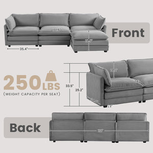 112'' Modular Sectional Cloud Couch with Movable Ottoman, 4 Seat Modern Corduroy Sofa with 2 Throw Pillows, Comfy Deep Seat L Shaped Couches for Living Room Bedroom Apartment, Dark Grey