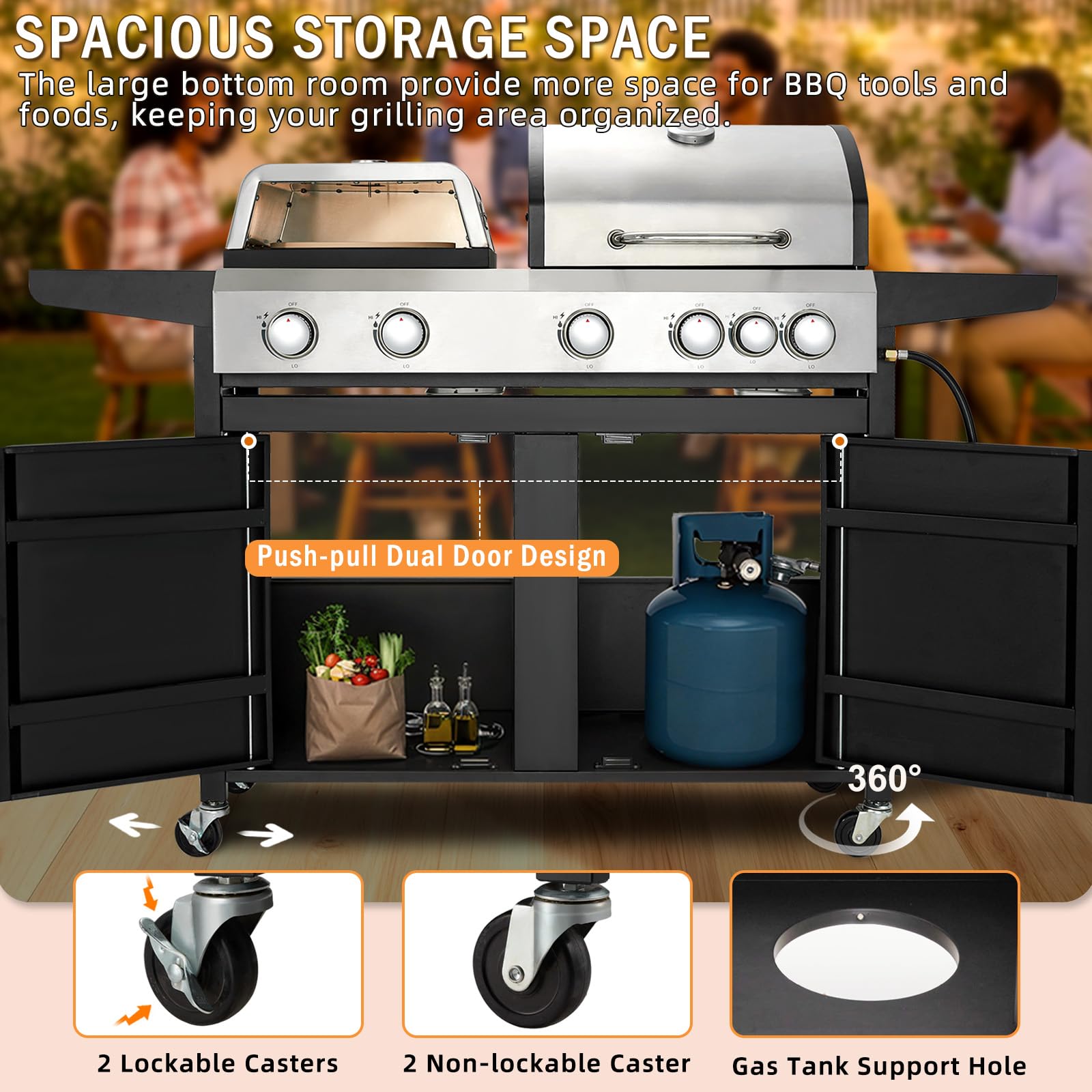 3 IN 1 Pizza Griddle Grill Combo, 74,000 BTU 5 Burner Stainless Steel Propane Gas Grill with Side Burner,Pizza Oven, Griddle and Porcelain Enameled Cast Iron Grates for Outdoor Patio Backyard