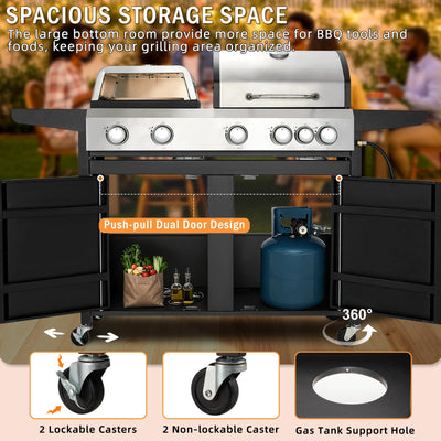 3 IN 1 Pizza Griddle Grill Combo, 74,000 BTU 5 Burner Stainless Steel Propane Gas Grill with Side Burner,Pizza Oven, Griddle and Porcelain Enameled Cast Iron Grates for Outdoor Patio Backyard