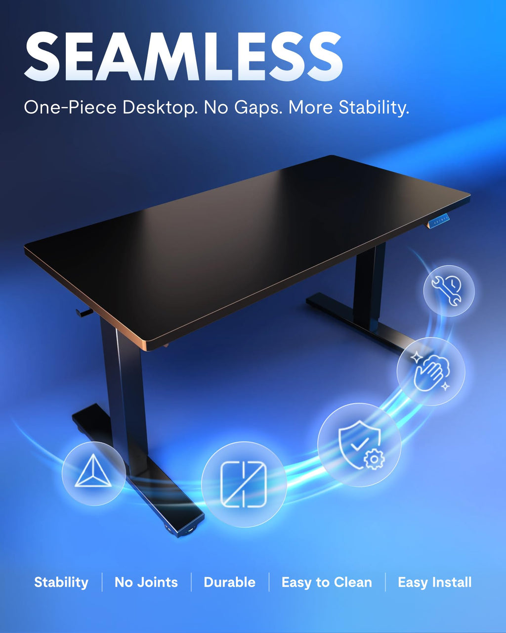 EN1 One-Piece Standing Desk, Electric Adjustable with 4 Memory Presets, 176 LBS Capacity, Stable & Quiet, Seamless Desktop for Home Office & Dual Monitors, 55"x28" Black