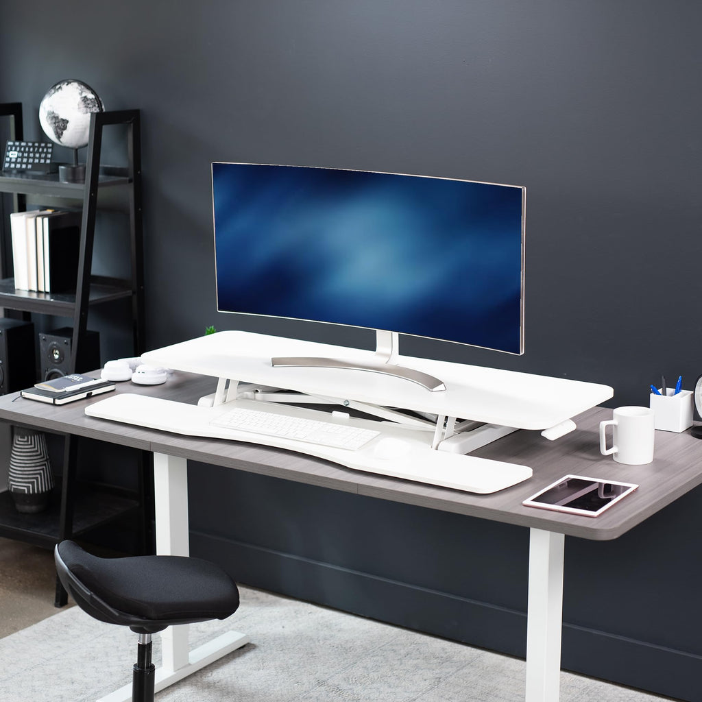48 inch Desk Converter, K Series, Height Adjustable Sit to Stand Riser, Dual Monitor and Laptop Workstation with Wide Keyboard Tray, White, DESK-V048KW
