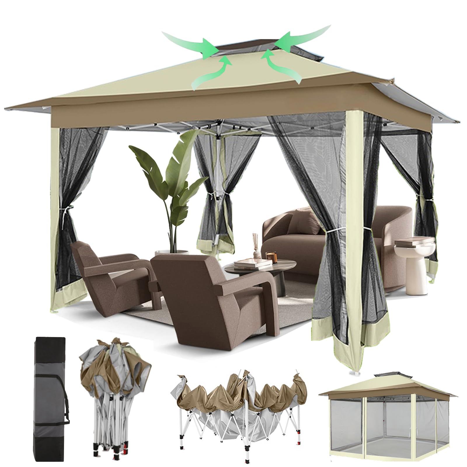 12x12 Pop Up Gazebo On Clearance - Upgrade Easy Up Metal Outdoor Canopy Waterproof - Portable Gazebo with Mosquito Nettings, 4 Ropes 8 Stakes and Carry Bag for Patio Garden(Khaki)