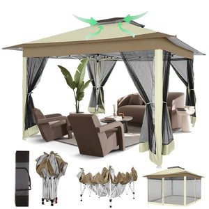 12x12 Pop Up Gazebo On Clearance - Upgrade Easy Up Metal Outdoor Canopy Waterproof - Portable Gazebo with Mosquito Nettings, 4 Ropes 8 Stakes and Carry Bag for Patio Garden(Khaki)