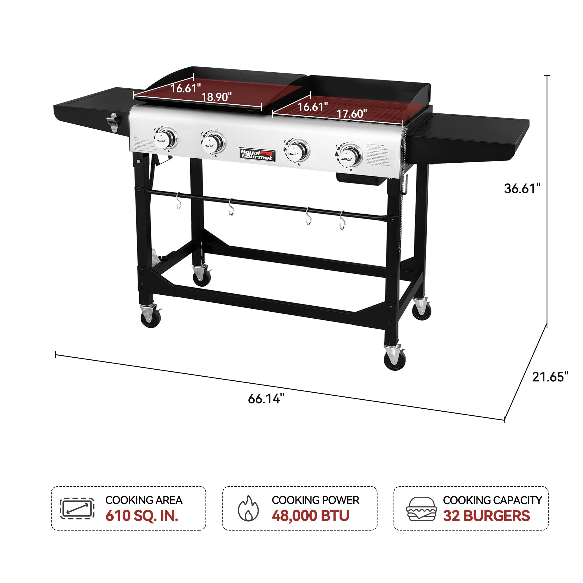 4-Burner Propane Gas Grill and Griddle Combo with Cover, Griddle Grill Combo with 48,000 BTUs Output for Outdoor Cooking While Camping or Tailgating, Black & Silver