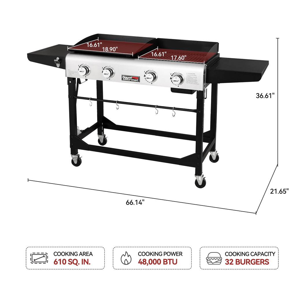Portable Propane Gas Grill and Griddle Combo with Side Table | 4-Burner, Folding Legs,Versatile, Outdoor | Black 66 Inch