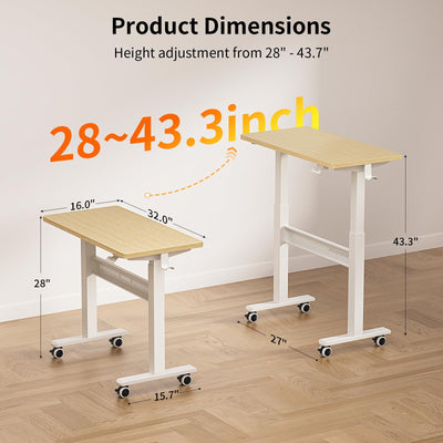 Mobile Walking Pad Desk with Wheels, Pneumatic Small Rolling Standing Desk Riser Height Adjustable (28-43.7