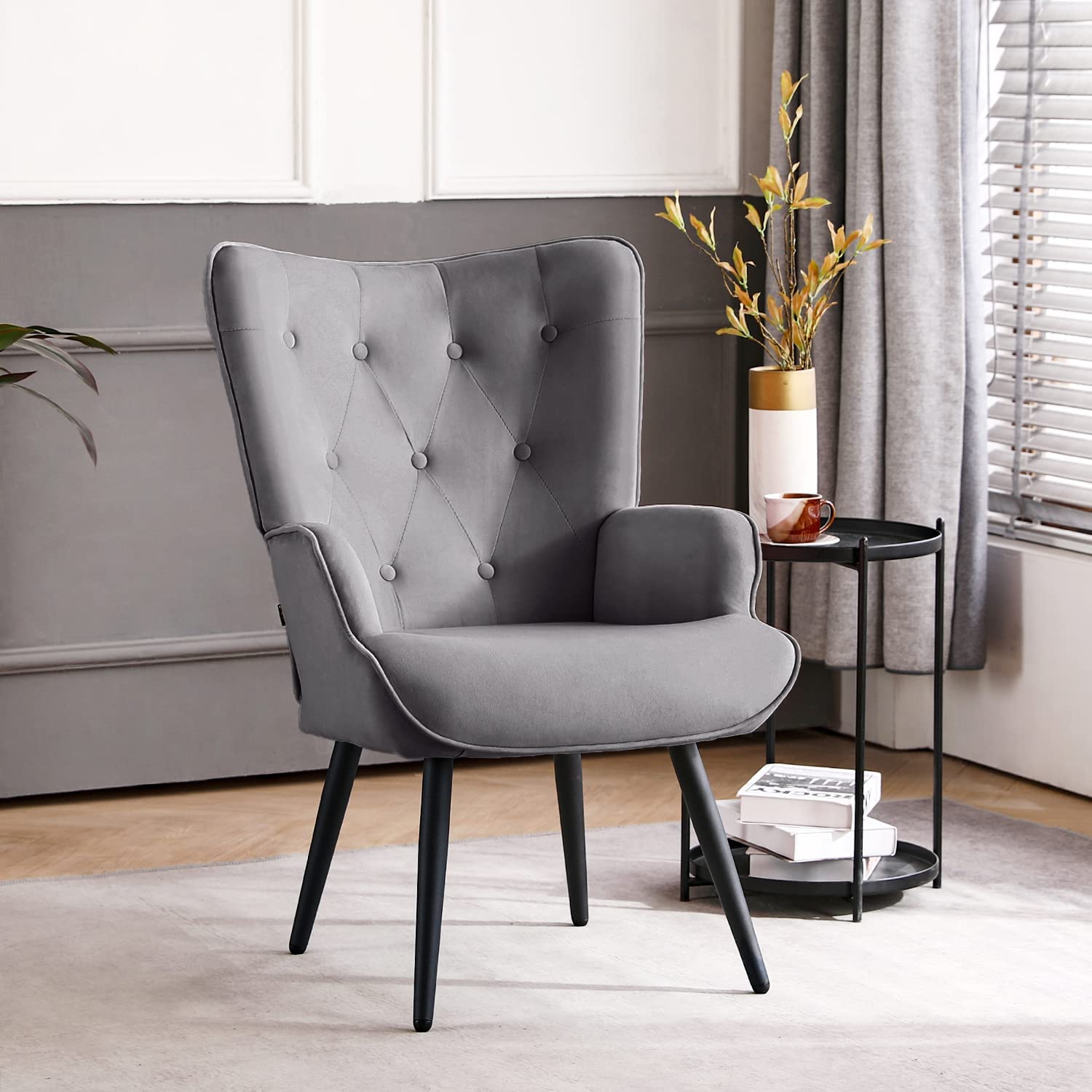 Modern Accent Chair, Velvet Tufted Button Wingback Chair Upholstered Side Armchair Comfy Lounge Chair with Tapered Legs Sofa Leisure Chair for Home Office/Living Room/Bedroom, Grey