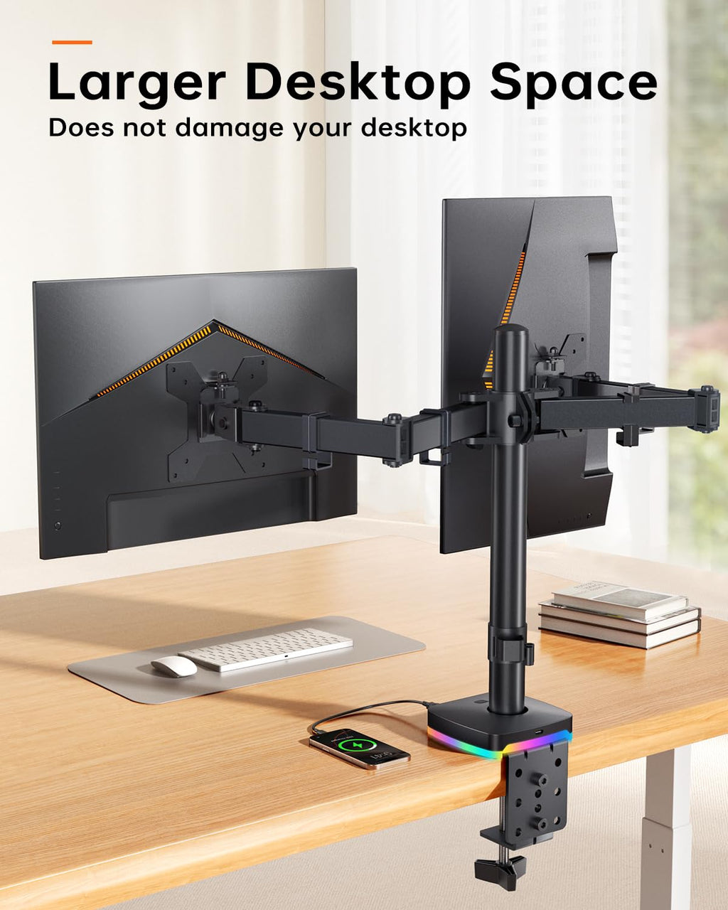 RGB Single Monitor Stand, Monitor Arm with 3 USB Ports, Charging and USB Data Transfer Function, Adjustable Desk Mount for 13"-27" Monitors up to 17.6lbs, VESA 75x75mm 100x100mm, Ergonomic Design