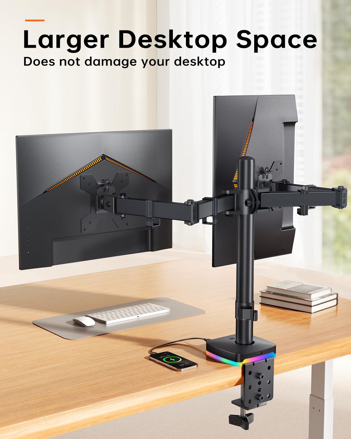 RGB Single Monitor Stand, Monitor Arm with 3 USB Ports, Charging and USB Data Transfer Function, Adjustable Desk Mount for 13"-27" Monitors up to 17.6lbs, VESA 75x75mm 100x100mm, Ergonomic Design
