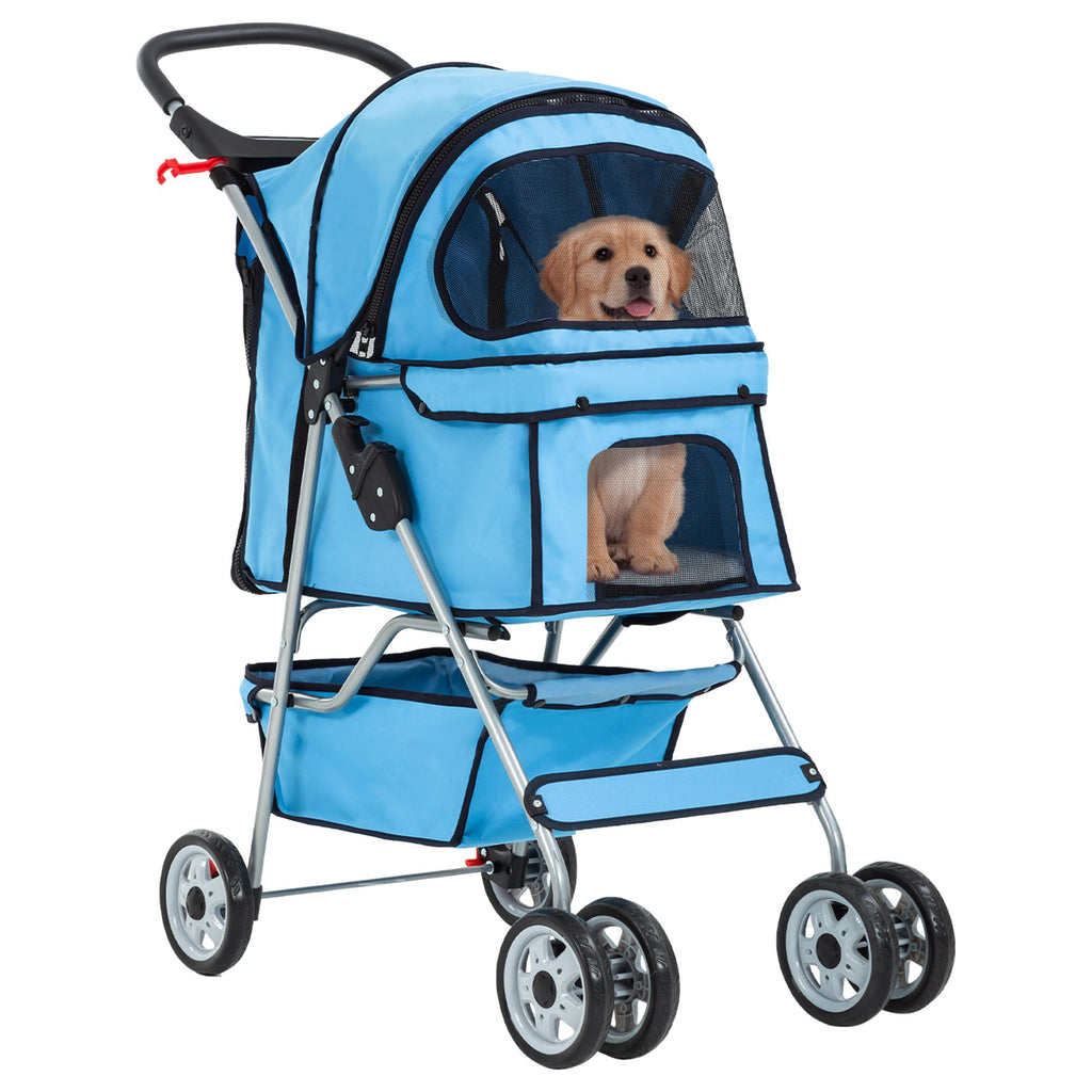Pet Stroller 4-Wheel Dog Cat Stroller Travel Folding Carrier Puppy Stroller with Cup Holder and Removable Liner for Small Medium Dogs Cats, Blue