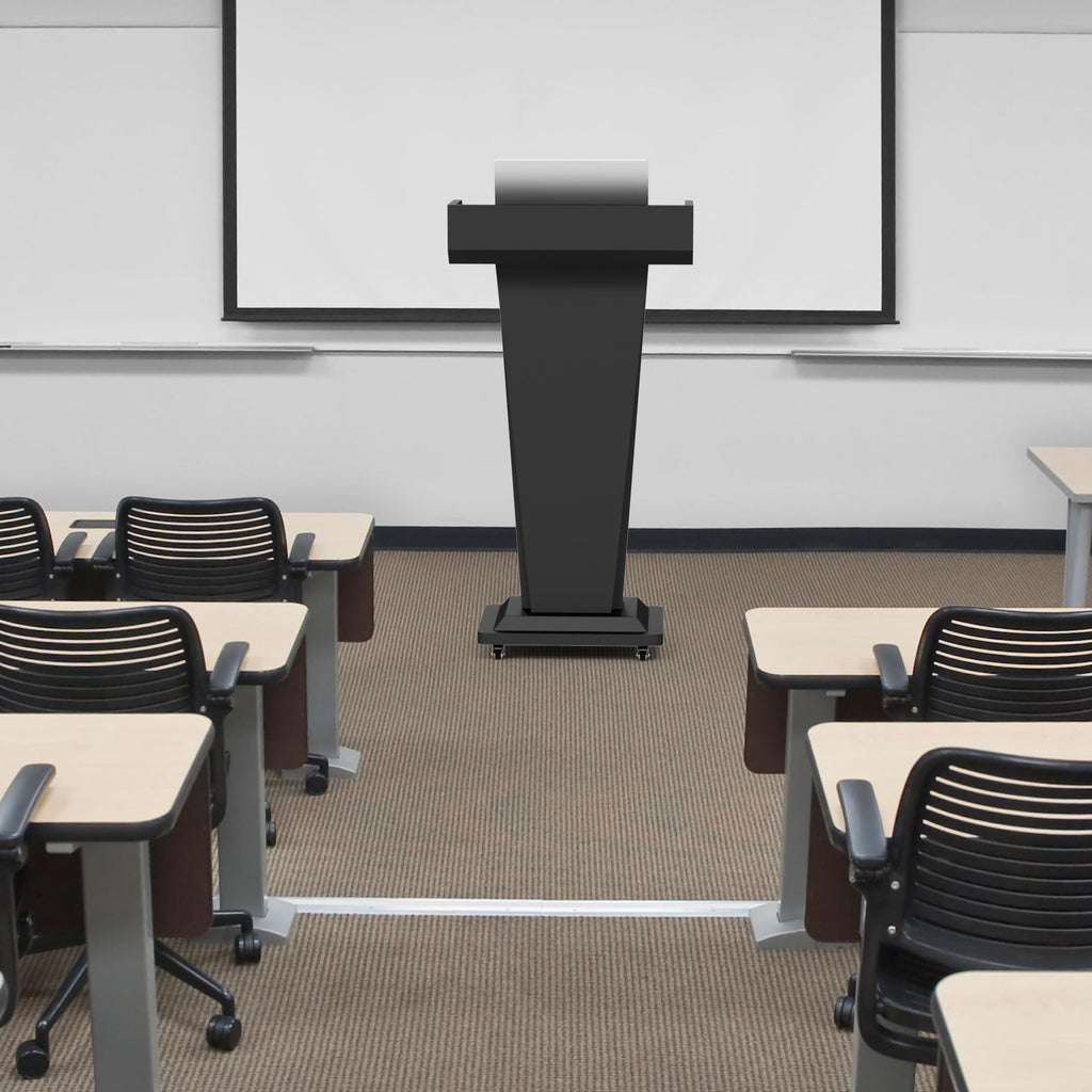 Heavy-Duty Black Metal Podium Stand with Lockable Wheels | Mobile Lectern with Storage Cabinet & Standard 50.4" Height | for Conference Rooms, Churches, Classrooms & Events