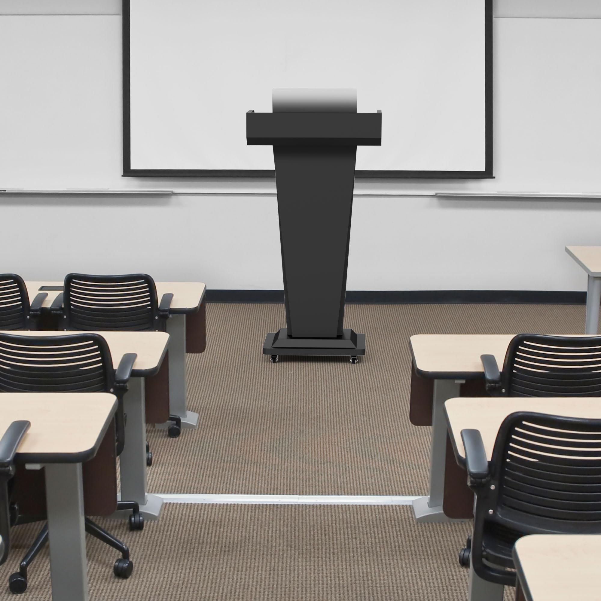 Heavy-Duty Black Metal Podium Stand with Lockable Wheels | Mobile Lectern with Storage Cabinet & Standard 50.4" Height | for Conference Rooms, Churches, Classrooms & Events