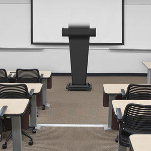 Heavy-Duty Black Metal Podium Stand with Lockable Wheels | Mobile Lectern with Storage Cabinet & Standard 50.4