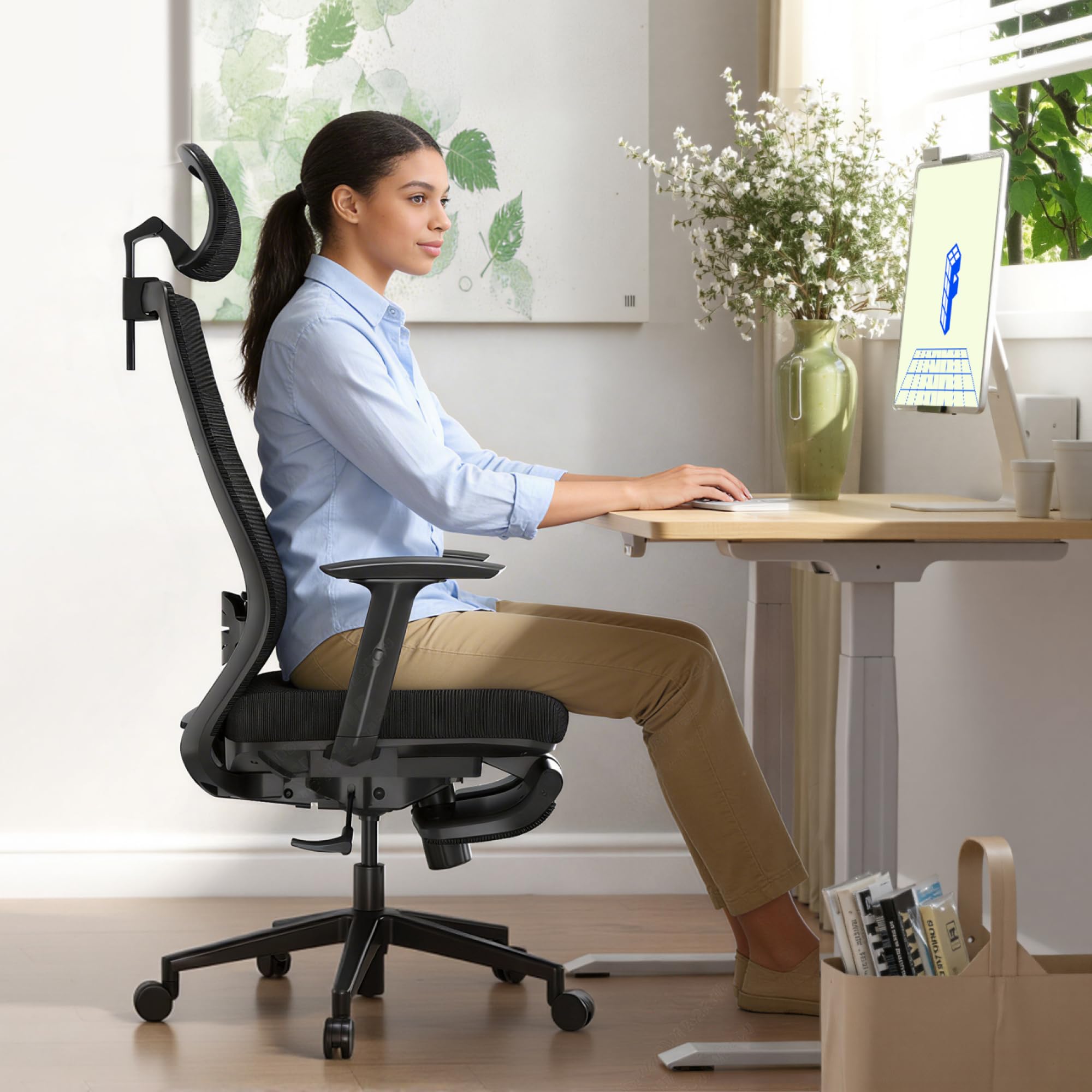 Ergonomic Office Chair with Footrest, Mesh High Back Computer Chair, Home Office Desk Chairs, with Adjustable Lumbar Support/2D Headrest/Reliable Base, OC3 Cloud-F, Black