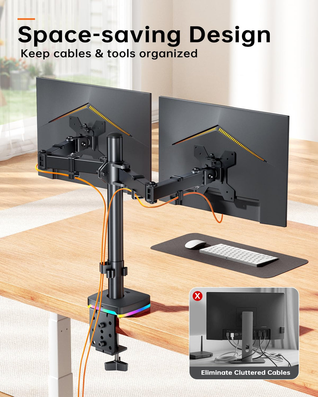 RGB Single Monitor Stand, Monitor Arm with 3 USB Ports, Charging and USB Data Transfer Function, Adjustable Desk Mount for 13"-27" Monitors up to 17.6lbs, VESA 75x75mm 100x100mm, Ergonomic Design