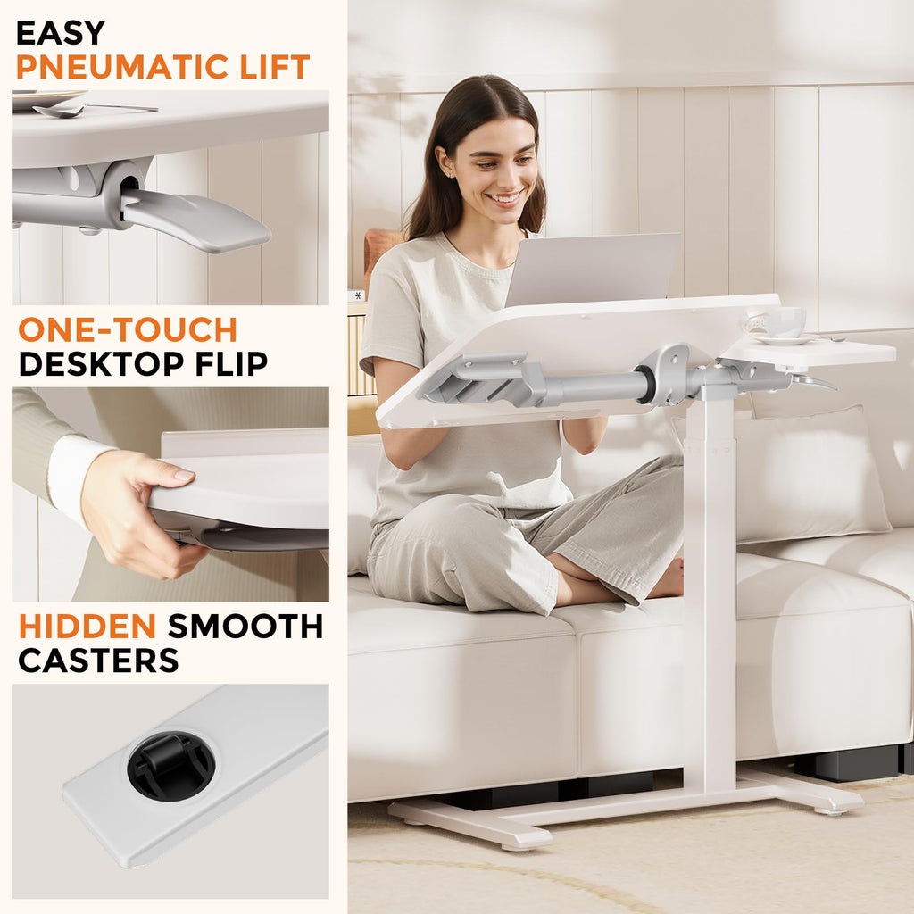 Tiltable Mobile Small Standing Desk, Pneumatic Adjustable Height Overbed Bedside Table with Wheels, Sit Stand Portable Rolling Laptop Desk Computer Workstations, White
