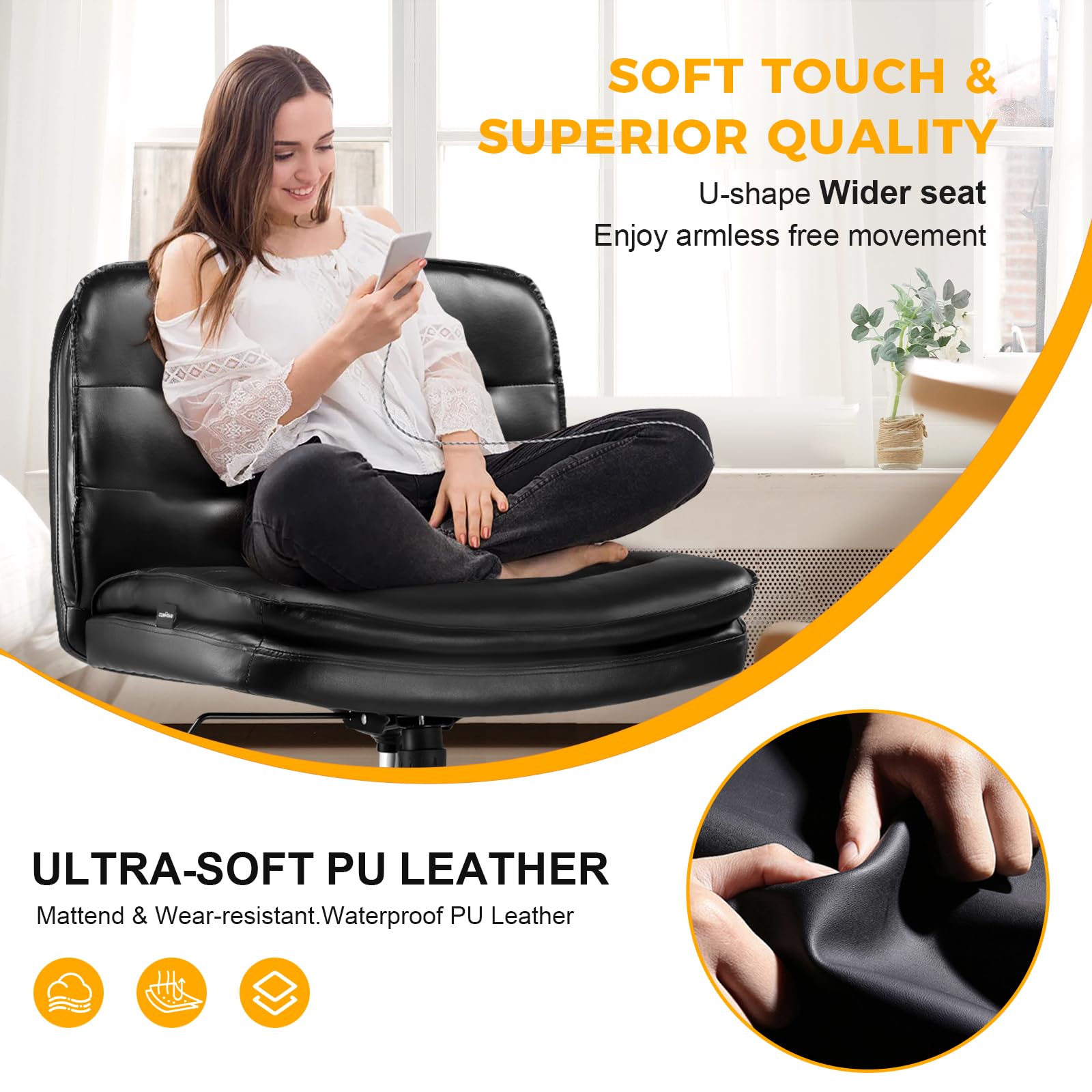 Criss Cross Chair with Wheels Armless Cross Legged Office Chair Wide Home Office Desk Chair Swivel Comfy Vanity Desk Chair Height Adjustable Mid Back Wide Seat Computer Task Chair