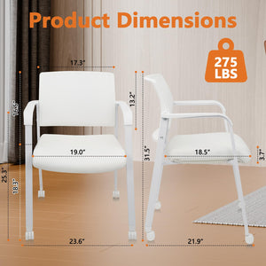 Set of 4, White, Stacking Office Chairs with Wheels | Mesh Back, Thicken Leather Seat and Streamline Armrests, Ergonomic Lumber Support | School, Desk, Guest Reception, Waiting, Conference |
