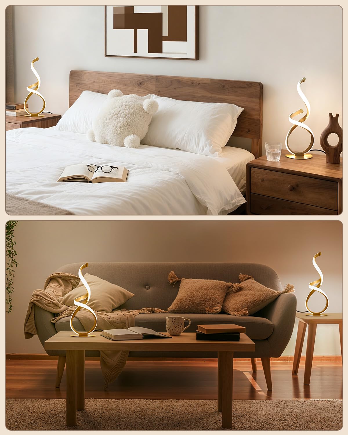 2 Pack Gold Cool Table Lamps, LED Spiral Desk Lights, Dimmable