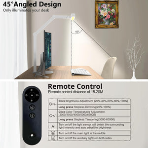 Architect Desk Lamp for Home Office, 24W Adjustable Led Desk Light with Remote, 1500LM Bright Dimmable Computer Table Light Rotatable Office Lamp with Base for Cafting Monitor