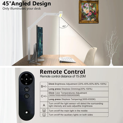 Architect Desk Lamp for Home Office, 24W Adjustable Led Desk Light with Remote, 1500LM Bright Dimmable Computer Table Light Rotatable Office Lamp with Base for Cafting Monitor