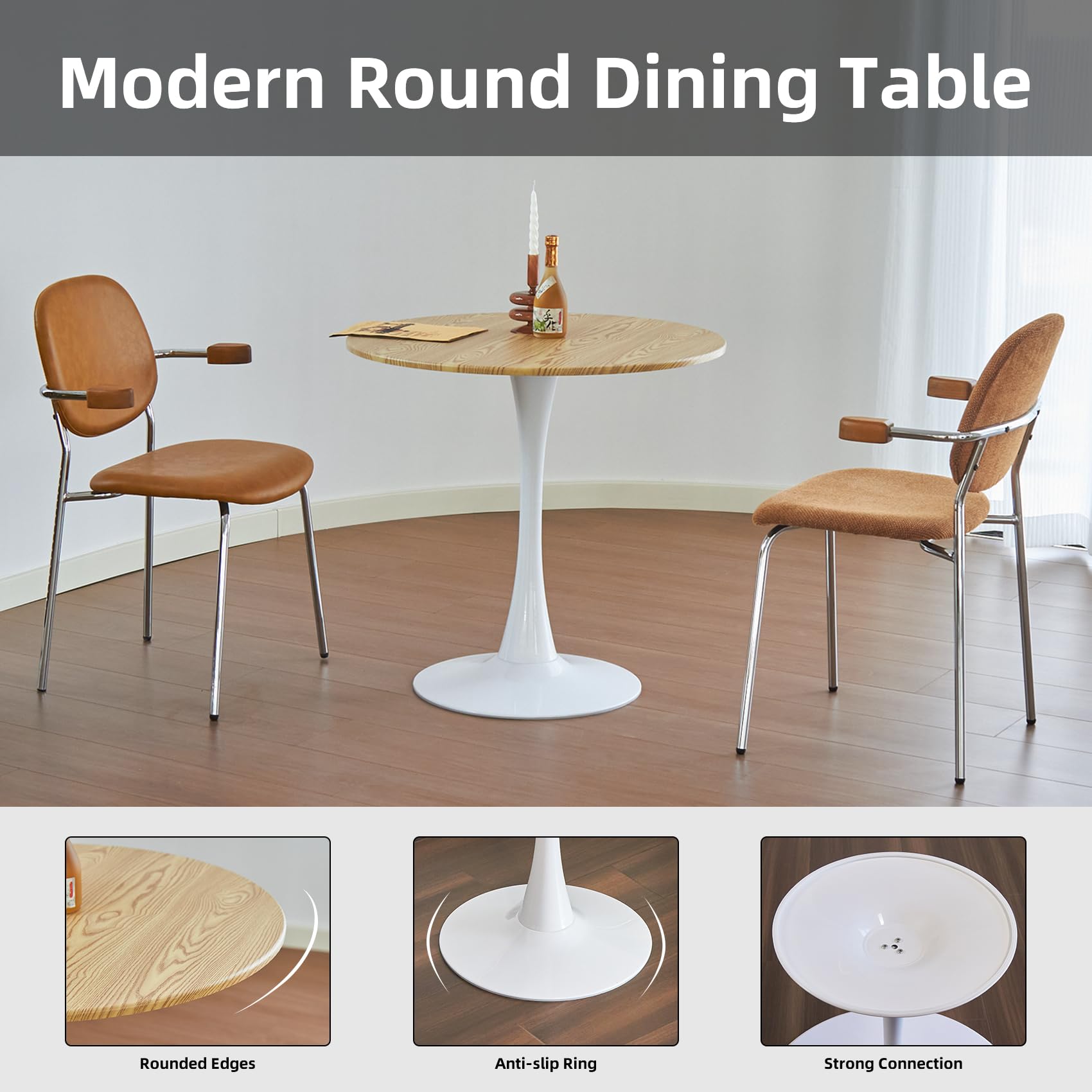Round Dining Table, 24" Circle Tulip Table with Thickened Tabletop & Metal Pedestal, Mid Century Modern Bistro Table for Kitchen, Small Places, Living Room, Cafe (Light Brown)