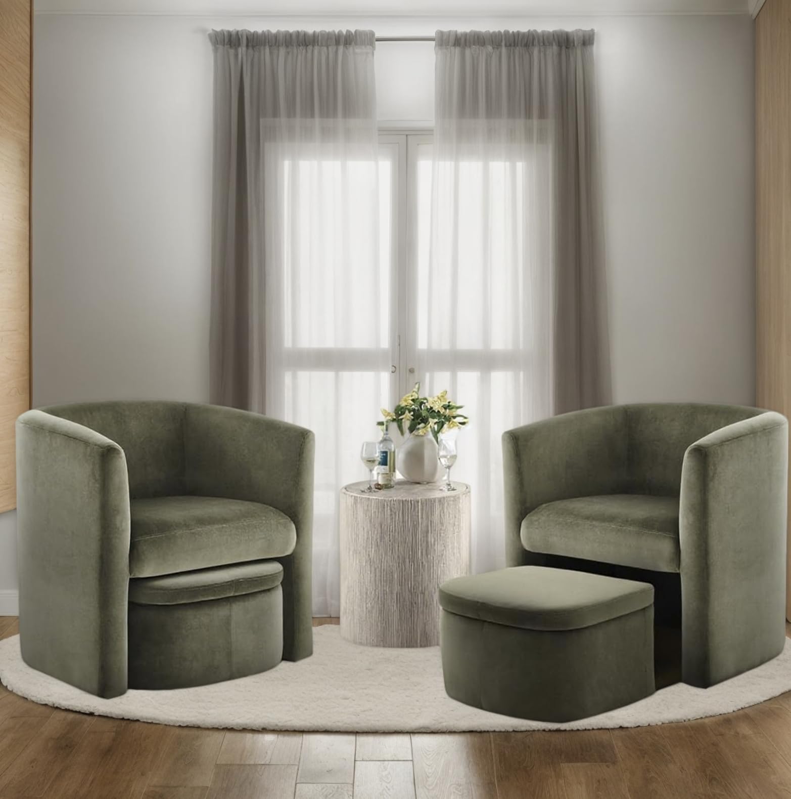 Morden Velvet Living Room Side Chair with Storage Ottoman Set of 2, Single Sofa Armchair with Lounge Seat, Upholstered Barrel Accent Chair for Bedroom/Office/Reading Spaces, Green