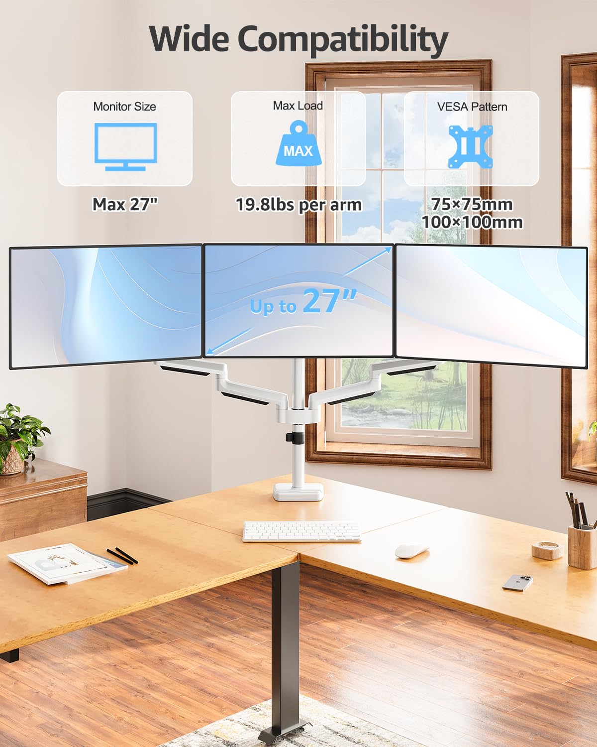 Triple Monitor Stand Mount - 3 Monitors Desk Mount for Computer Screens Up to 27 inch, Triple Monitor Arm, Heavy Duty Monitors Stand, Each Arm Holds 4.4-19.8 lbs, White