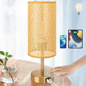 Bedside Lamp with USB Port - Touch Control Table Lamp for Bedroom Wood 3 Way Dimmable Nightstand Lamp with Round Flaxen Fabric Shade for Home Office (LED Bulb Included) (Y - NET)